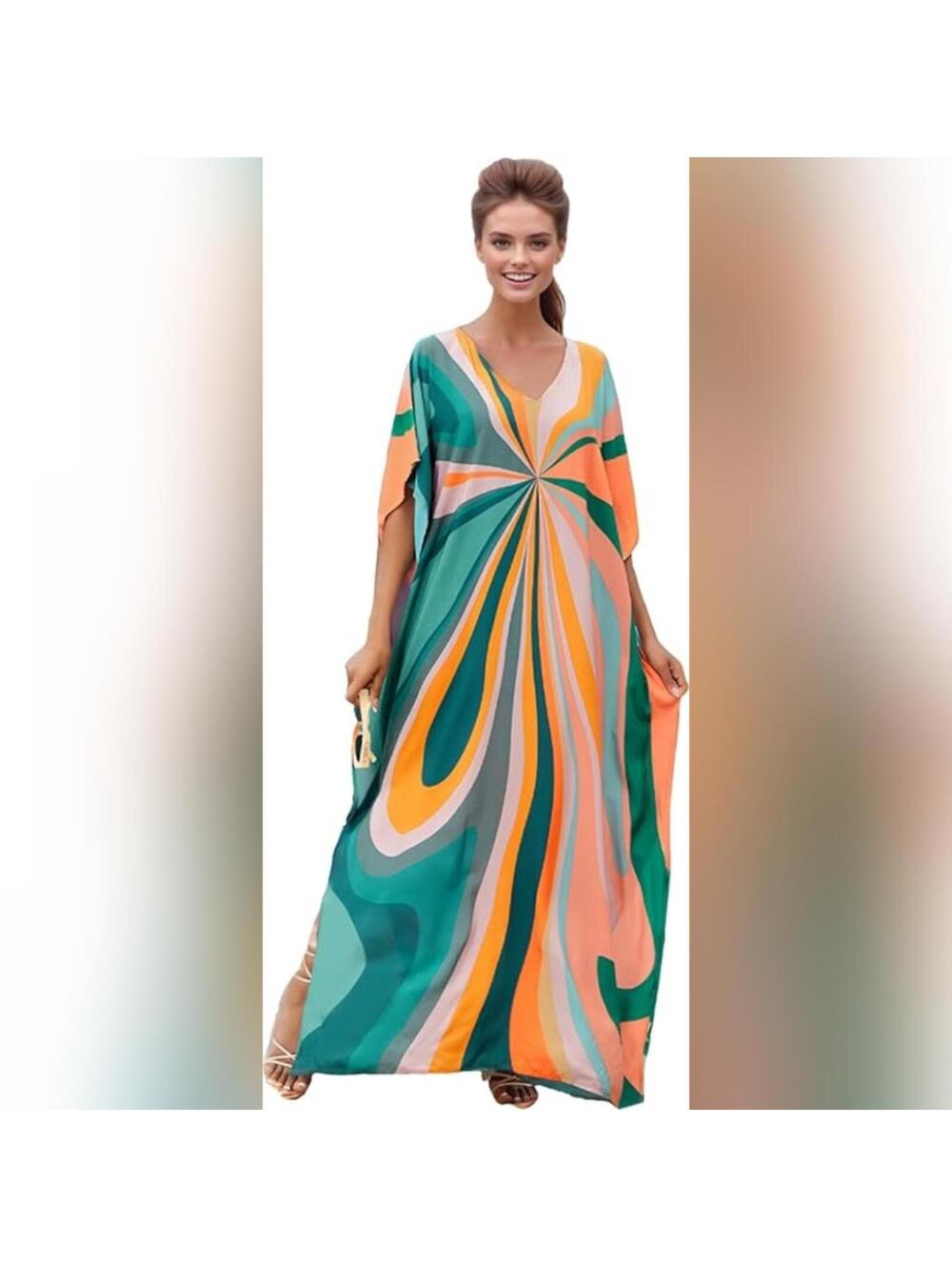 NWT RanRui Ethnic Boho Print Batwing Sleeve V Neck Kaftan Dress, One Size